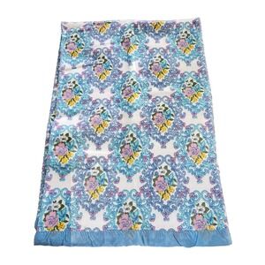 JC Penney Fashion Manor Floral Blue Satin Trim Blanket Twin Full Vintage